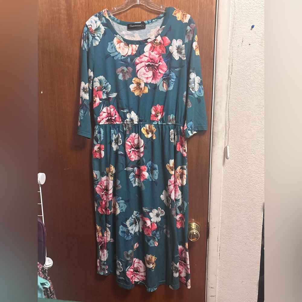 Long full length teal floral dress with long sleeves